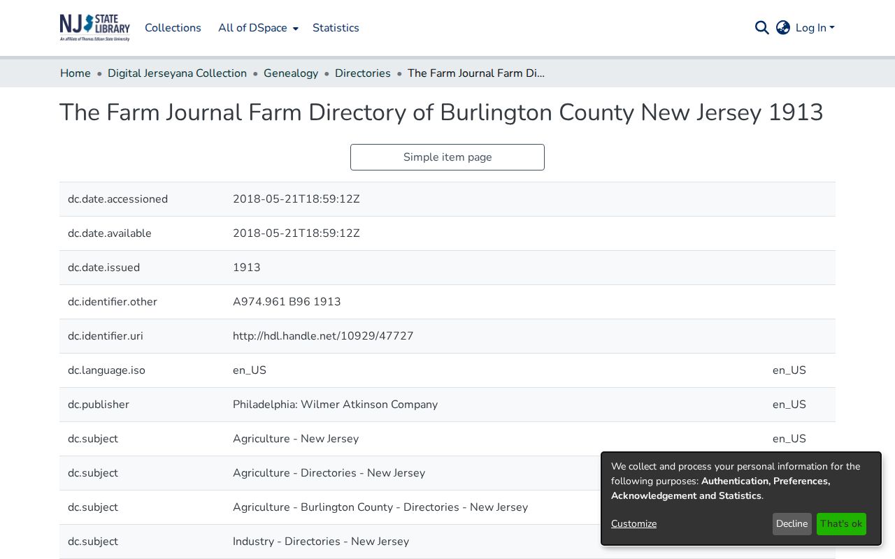 Willingboro historical directory image of the 1913 Farm Journal Farm Directory