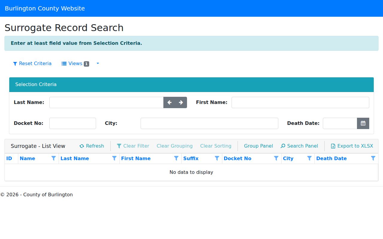 Willingboro residents directory source showing Burlington County Surrogate Record Search