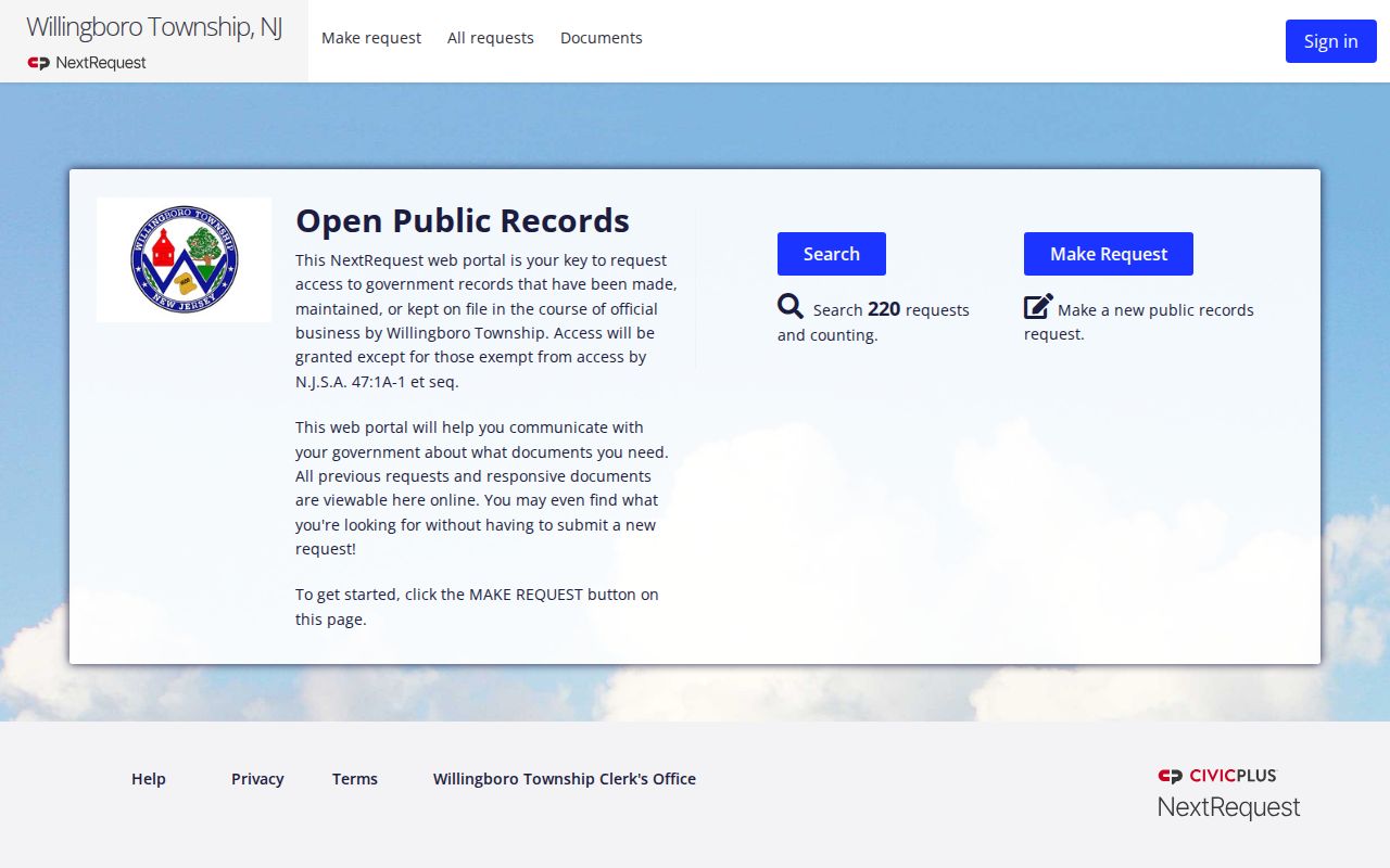Willingboro residents directory source showing the Township NextRequest OPRA portal